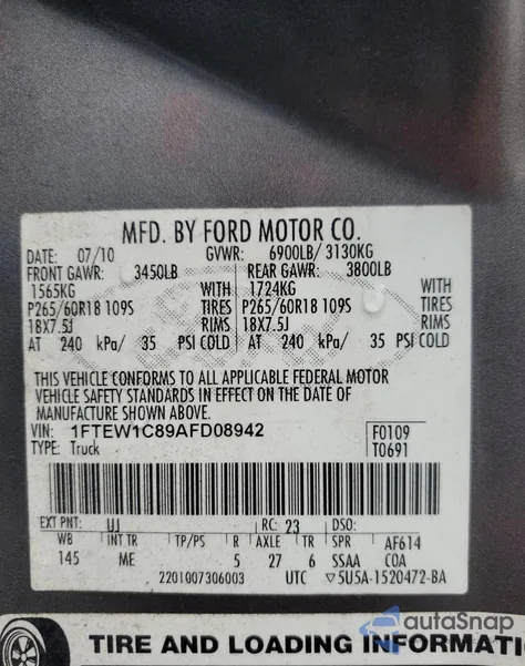 2010 Ford F150 Supercrew from USA, damaged, VIN 1FTEW1C89AFD08942